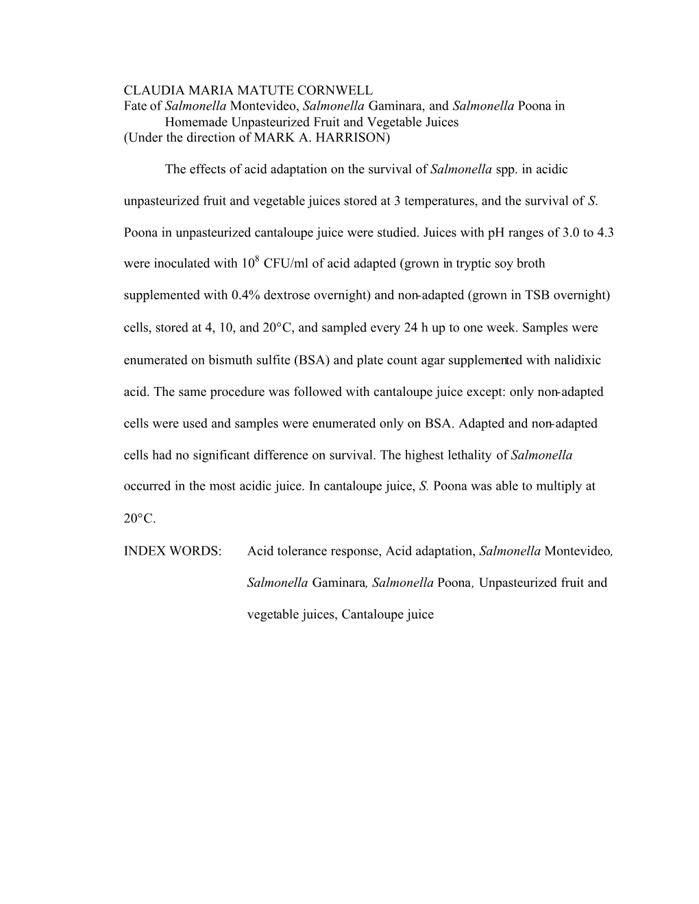 CLAUDIA MARIA MATUTE CORNWELL Fate of Salmonella