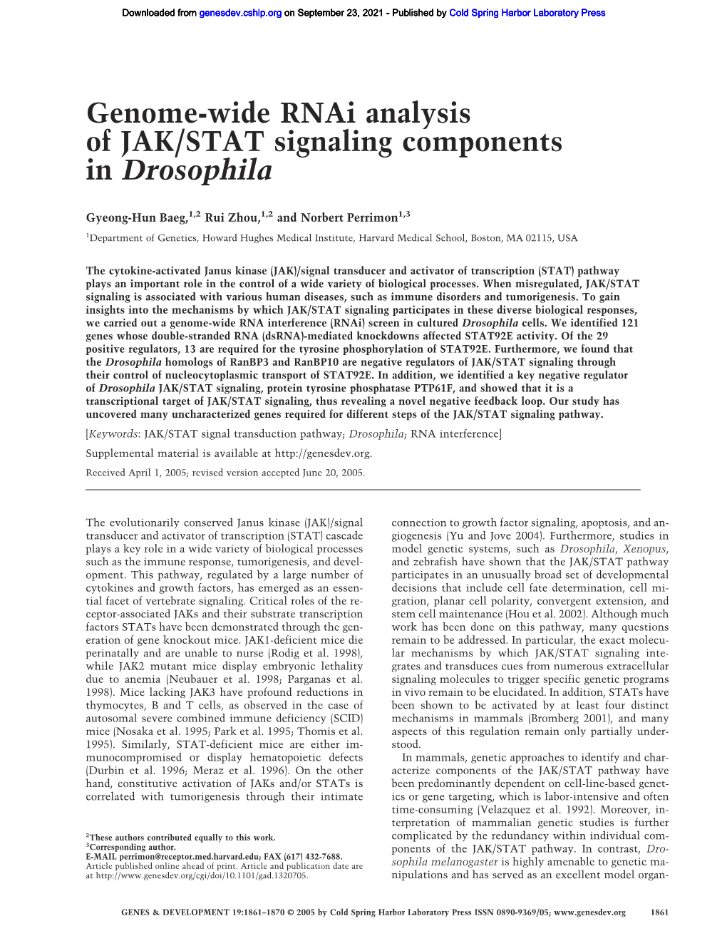 Genome-Wide Rnai Analysis of JAK/STAT Signaling Components in Drosophila