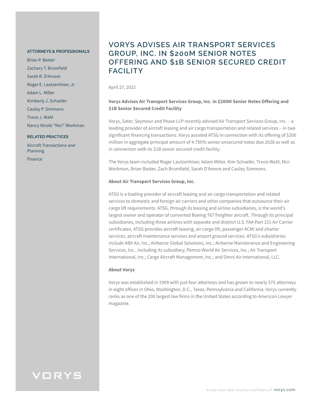 Vorys Advises Air Transport Services Group, Inc. in $200M Senior Notes Offering and Cauley P
