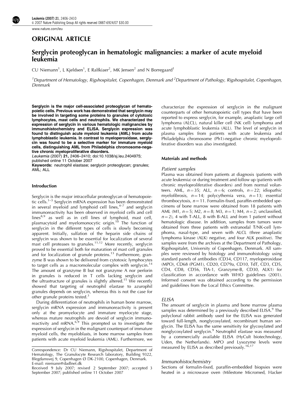 ORIGINAL ARTICLE Serglycin Proteoglycan in Hematologic