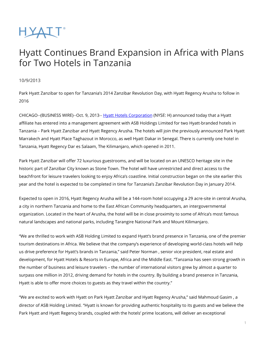 Hyatt Continues Brand Expansion in Africa with Plans for Two Hotels in Tanzania