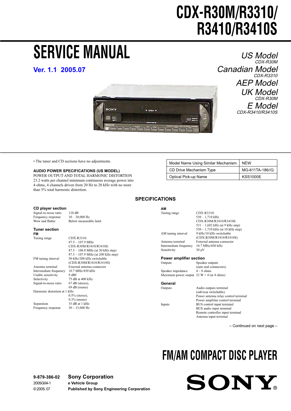 SERVICE MANUAL US Model CDX-R30M Ver