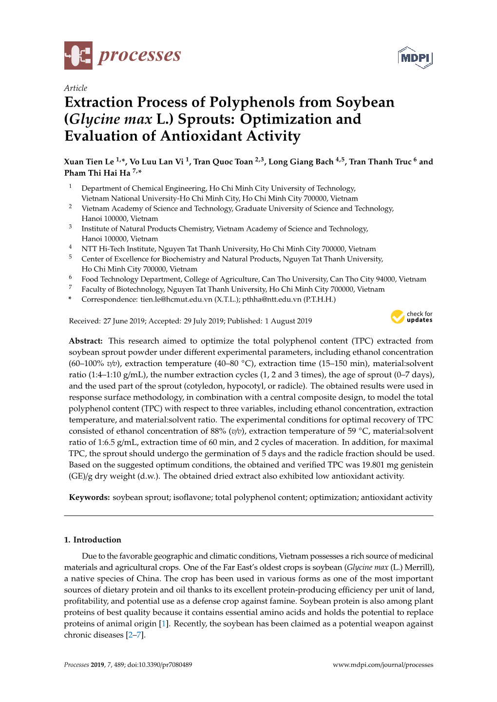 Extraction Process of Polyphenols from Soybean (Glycine Max L.) Sprouts: Optimization and Evaluation of Antioxidant Activity