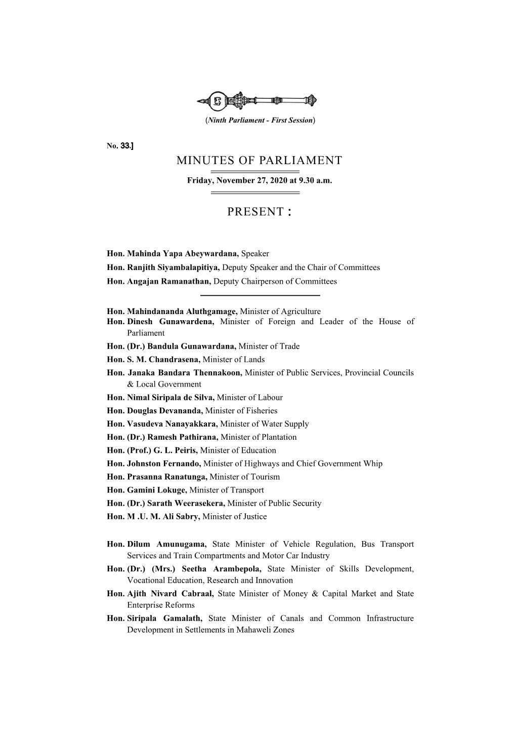 Minutes of Parliament for 27.11.2020