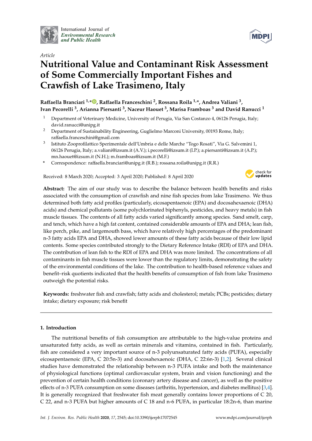 Nutritional Value and Contaminant Risk Assessment of Some Commercially Important Fishes and Crawﬁsh of Lake Trasimeno, Italy