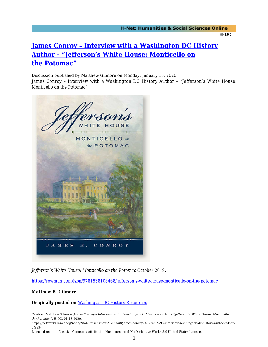 James Conroy – Interview with a Washington DC History Author – “Jefferson’S White House: Monticello on the Potomac”