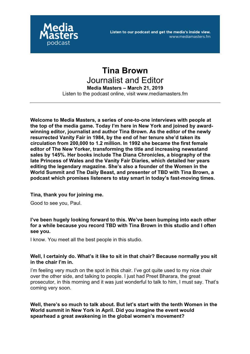 Tina Brown Journalist and Editor Media Masters – March 21, 2019 Listen to the Podcast Online, Visit