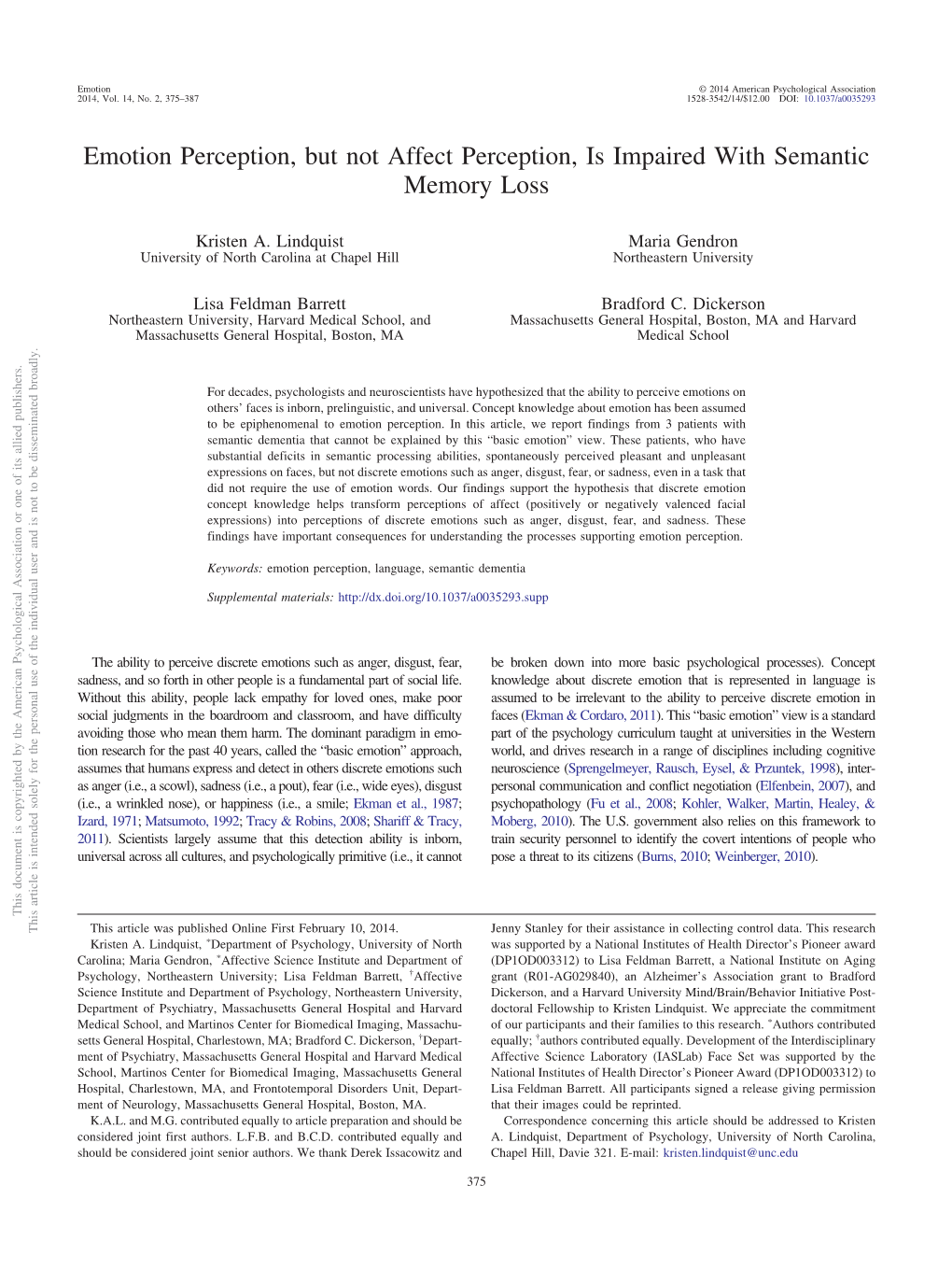 Emotion Perception, but Not Affect Perception, Is Impaired with Semantic Memory Loss