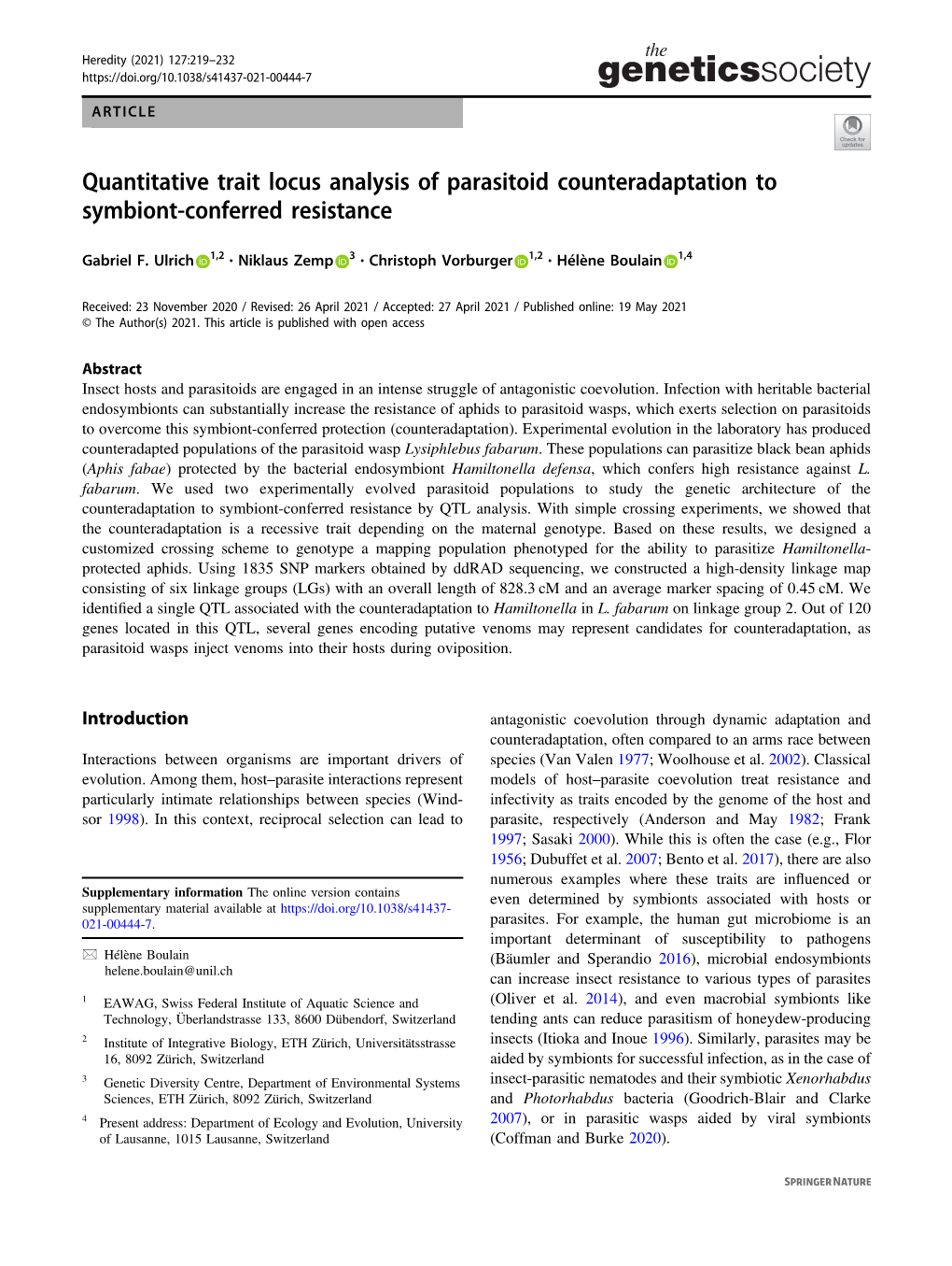 Quantitative Trait Locus Analysis of Parasitoid Counteradaptation to Symbiont-Conferred Resistance