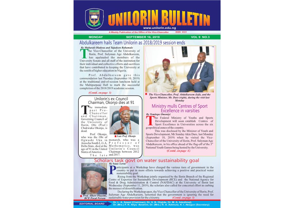 Unilorin Bulletin 16Th September, 2019