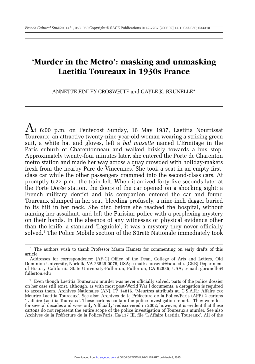 'Murder in the Metro': Masking and Unmasking Laetitia Toureaux in 1930S France
