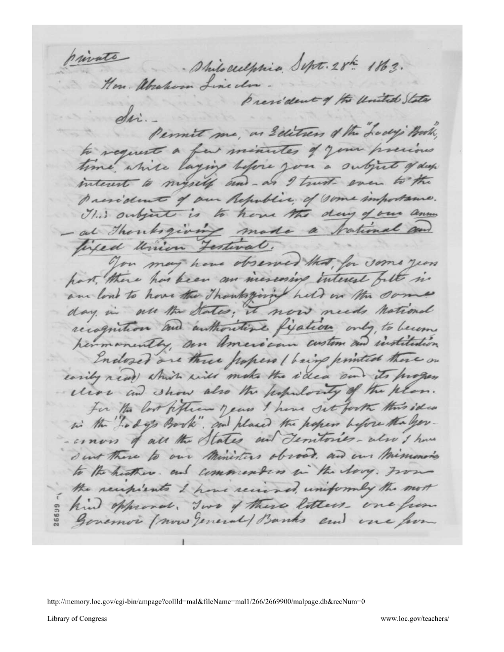 Sarah J. Hale to Abraham Lincoln, Monday, September 28, 1863 (Thanksgiving)