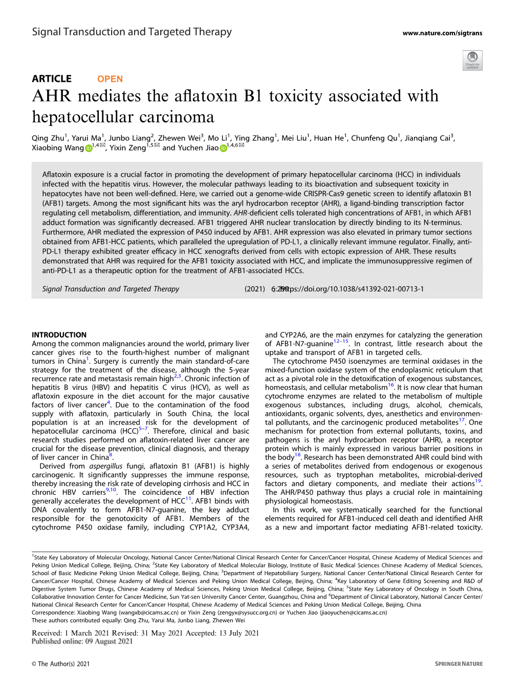 AHR Mediates the Aflatoxin B1 Toxicity Associated with Hepatocellular