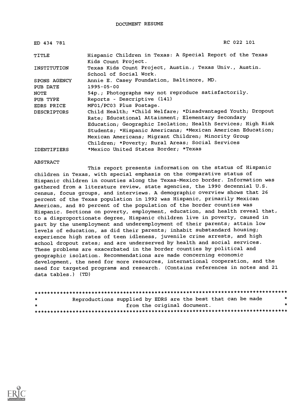 DOCUMENT RESUME Hispanic Children in Texas