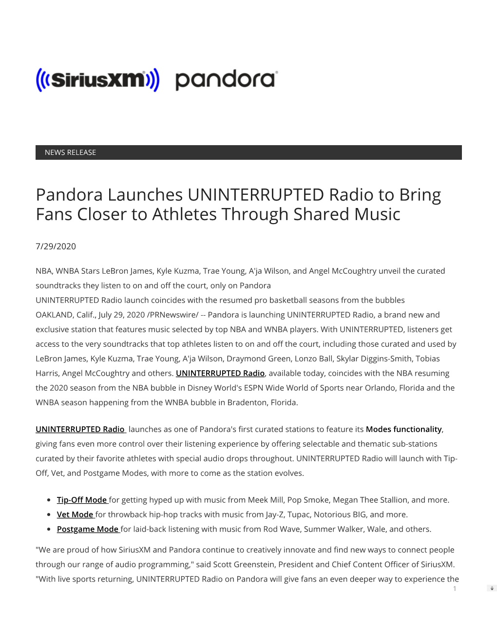 Pandora Launches UNINTERRUPTED Radio to Bring Fans Closer to Athletes Through Shared Music