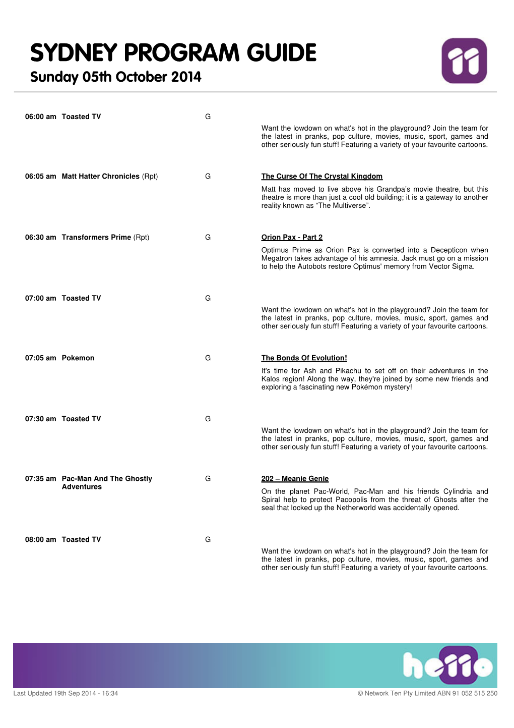 SYDNEY PROGRAM GUIDE Sunday 05Th October 2014