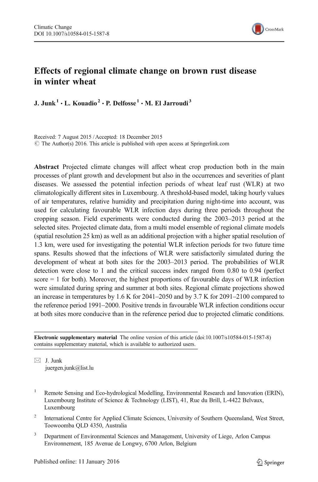 Effects of Regional Climate Change on Brown Rust Disease in Winter Wheat