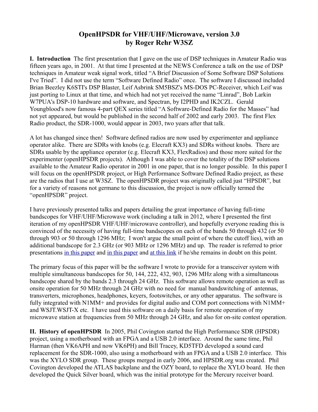 Openhpsdr for VHF/UHF/Microwave, Version 3.0 by Roger Rehr W3SZ