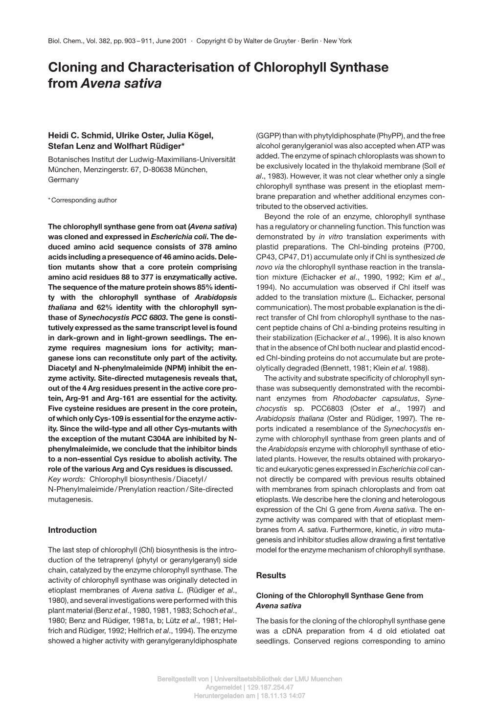 Cloning and Characterisation of Chlorophyll Synthase from Avena Sativa