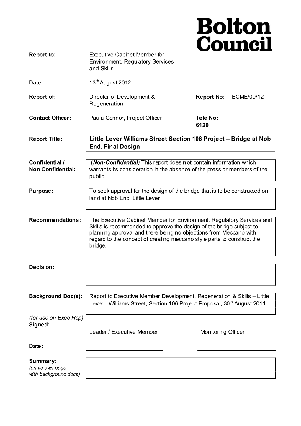 Little Lever Williams Street Section 106 Project – Bridge at Nob End, Final Design