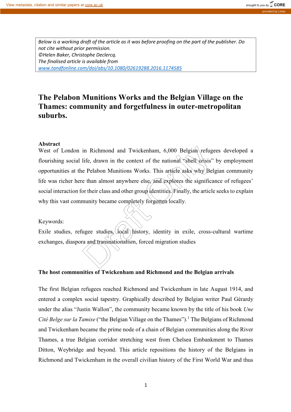 The Pelabon Munitions Works and the Belgian Village on the Thames: Community and Forgetfulness in Outer-Metropolitan Suburbs