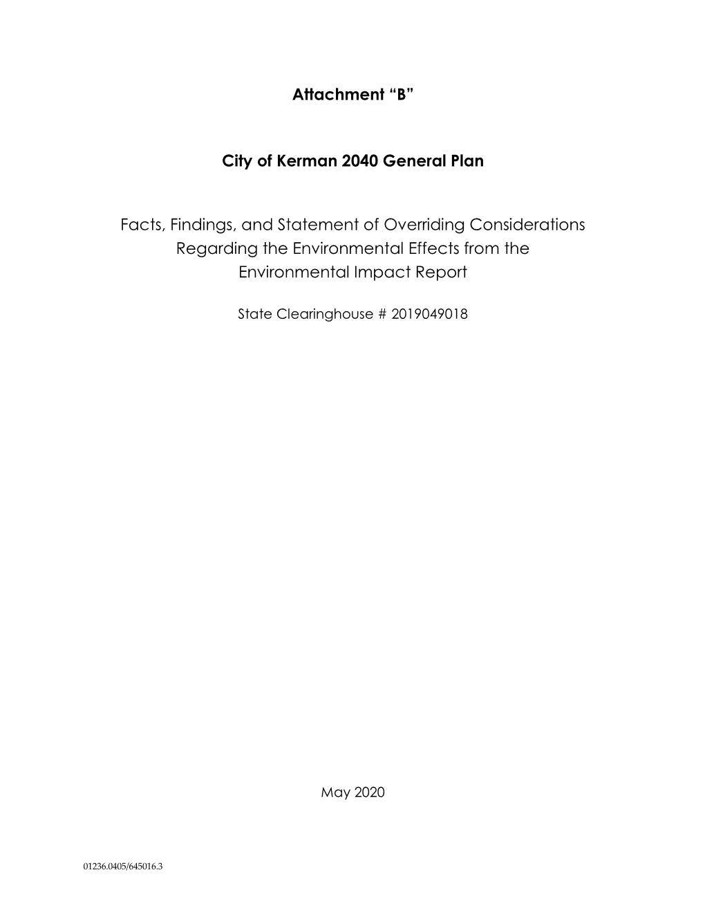 “B” City of Kerman 2040 General Plan Facts, Findings, and Statement Of