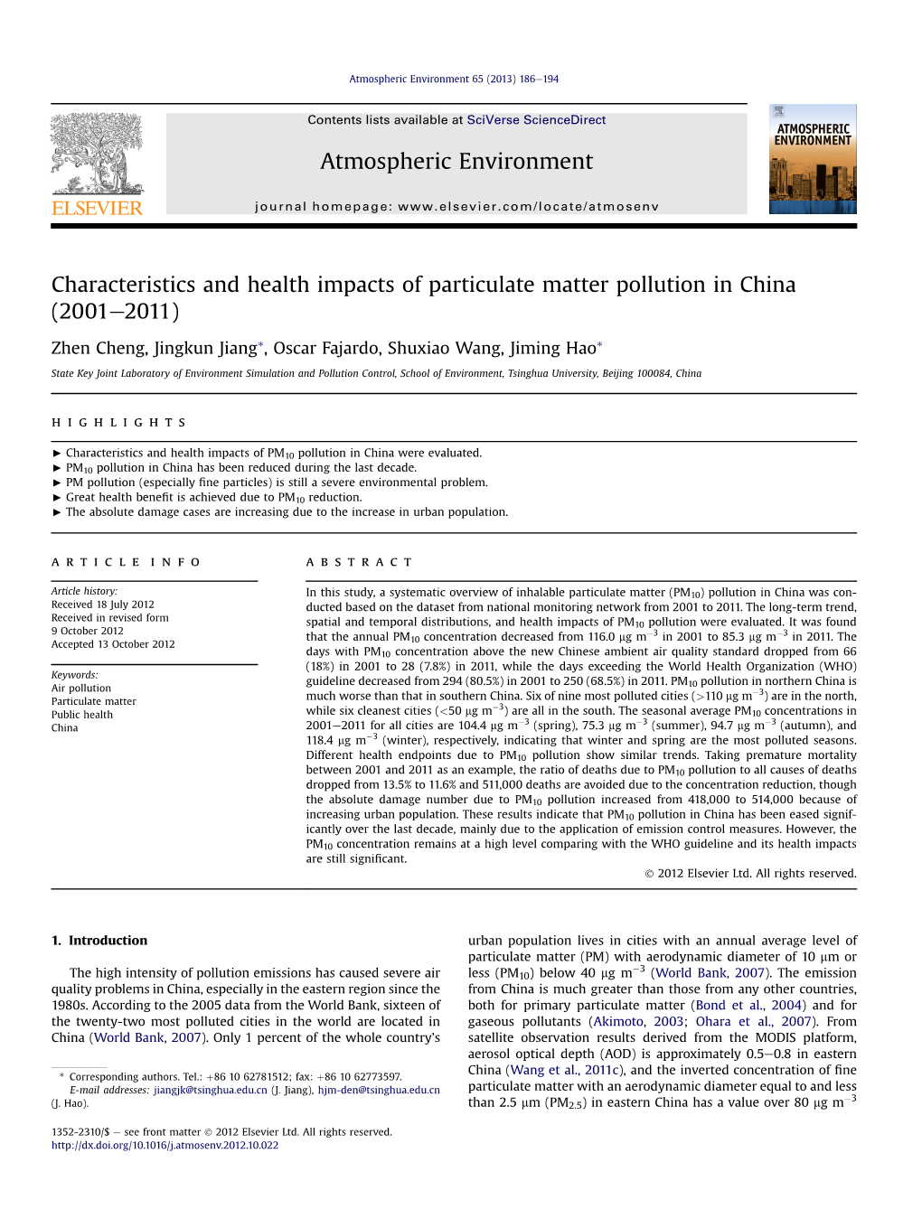 Characteristics and Health Impacts of Particulate Matter Pollution in China (2001E2011)