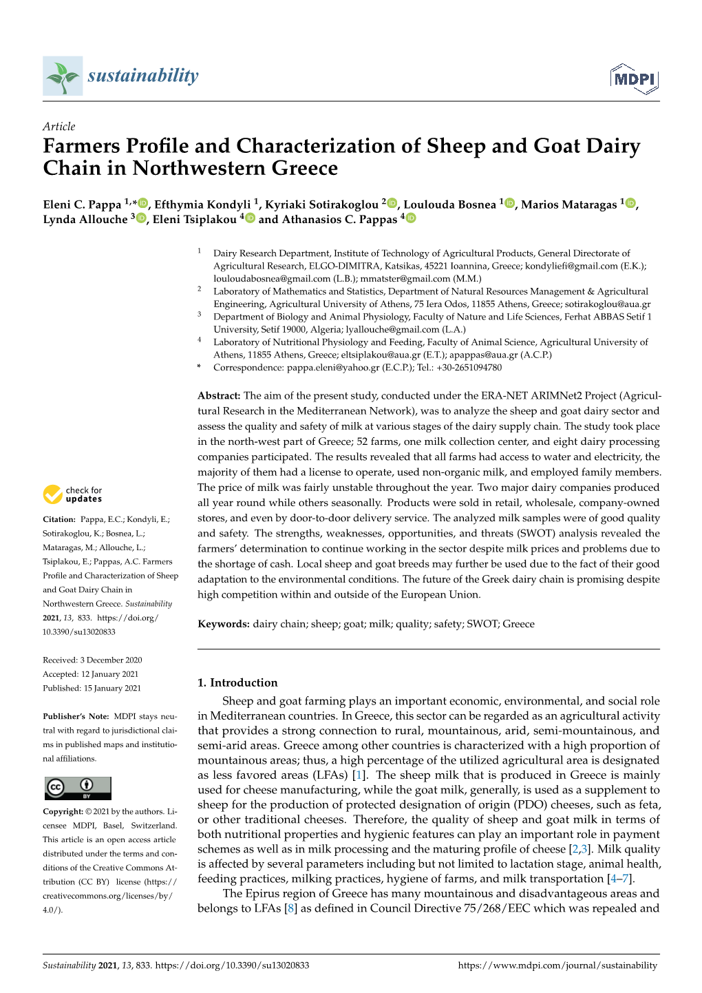 Farmers Profile and Characterization of Sheep and Goat Dairy Chain in Northwestern Greece