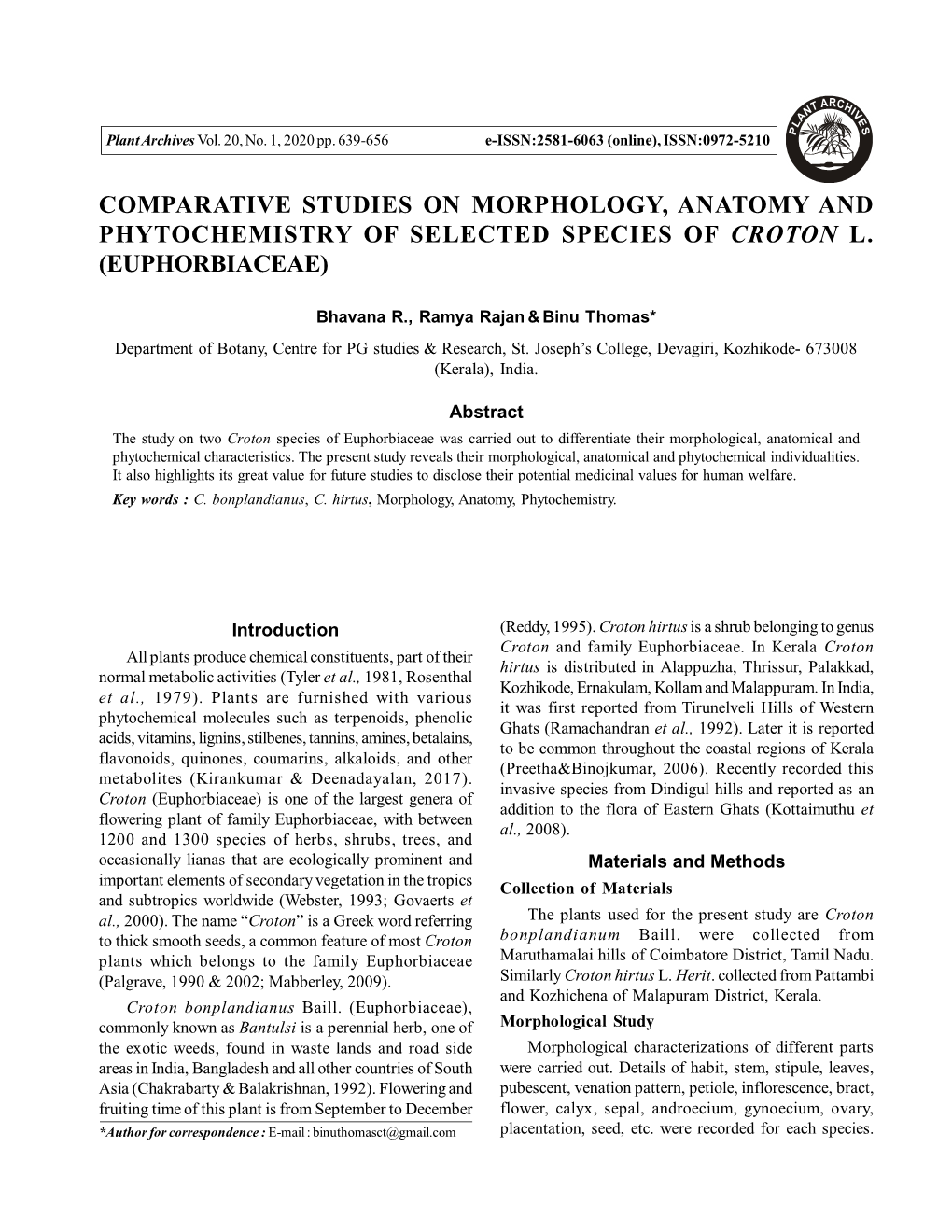 Comparative Studies on Morphology, Anatomy and Phytochemistry of Selected Species of Croton L. (Euphorbiaceae)