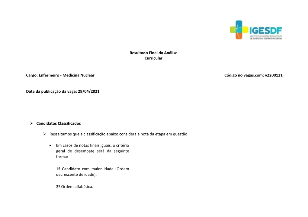 Resultado Final Da Análise Curricular Cargo: Enfermeiro