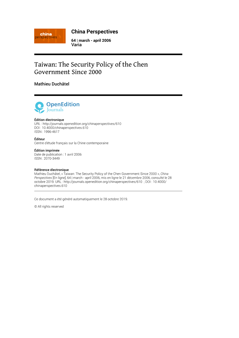China Perspectives, 64 | March - April 2006 Taiwan: the Security Policy of the Chen Government Since 2000 2