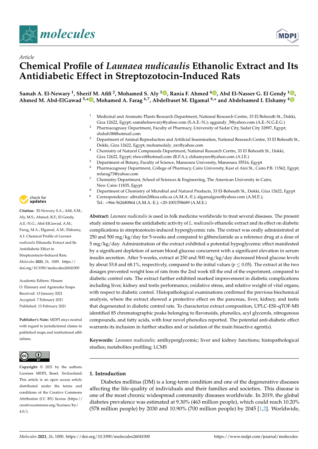 Chemical Profile of Launaea Nudicaulis Ethanolic Extract and Its