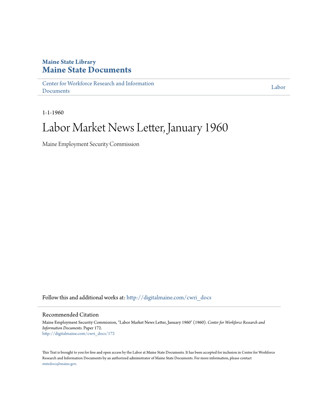 Labor Market News Letter, January 1960 Maine Employment Security Commission