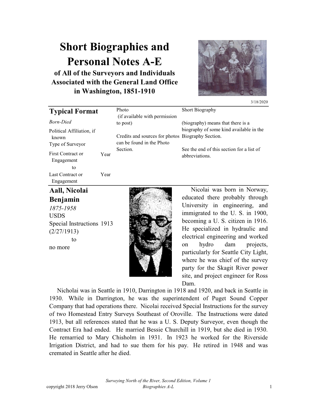 Short Biographies and Personal Notes A-E of All of the Surveyors and Individuals Associated with the General Land Office in Washington, 1851-1910