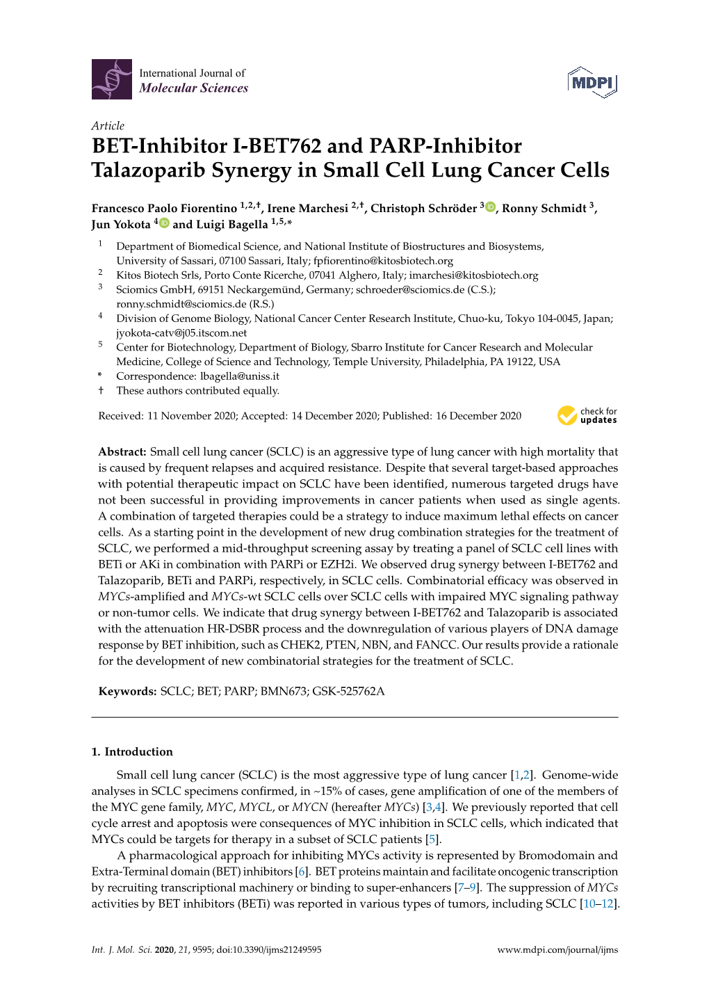 BET-Inhibitor I-BET762 and PARP-Inhibitor Talazoparib Synergy in Small Cell Lung Cancer Cells