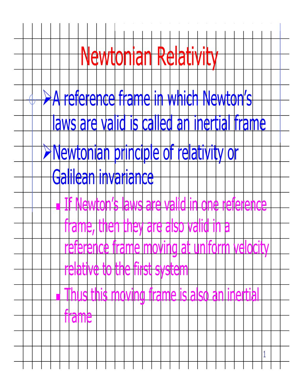Newtonian Relativity ¾A Reference Frame in Which Newton’S Laws Are Valid Is Called an Inertial Frame ¾Newtonian Principle of Relativity Or Galilean Invariance
