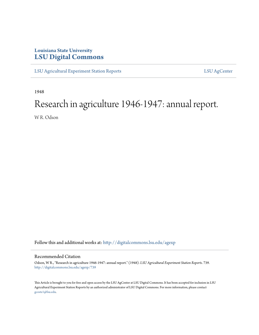 Research in Agriculture 1946-1947: Annual Report