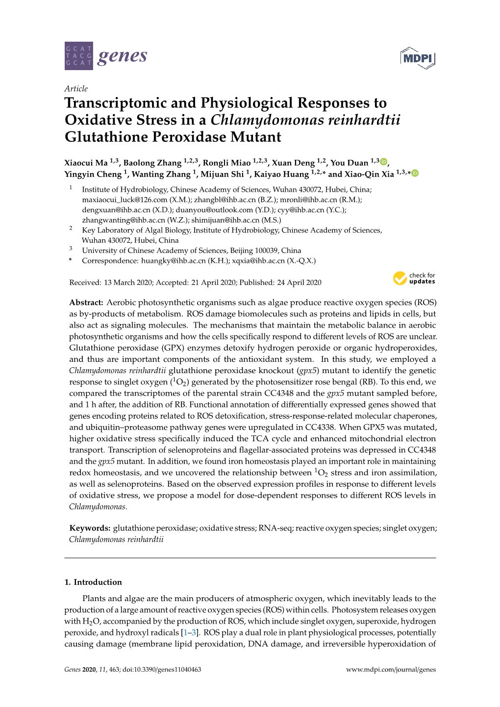 Transcriptomic and Physiological Responses to Oxidative Stress in a Chlamydomonas Reinhardtii Glutathione Peroxidase Mutant