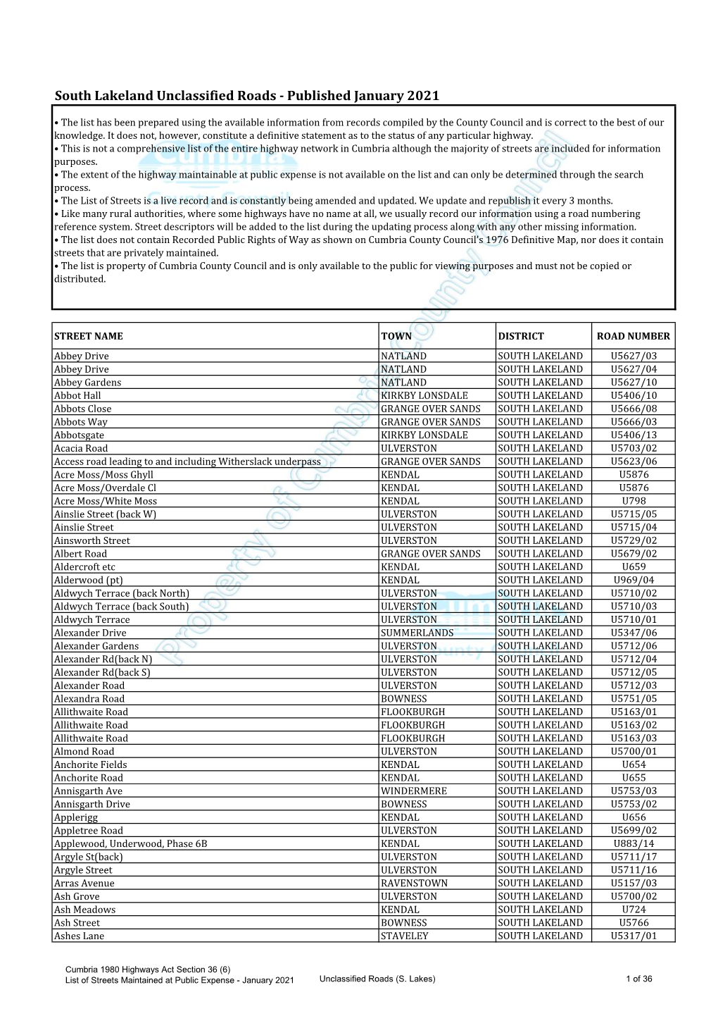 South Lakeland Unclassified Roads - Published January 2021