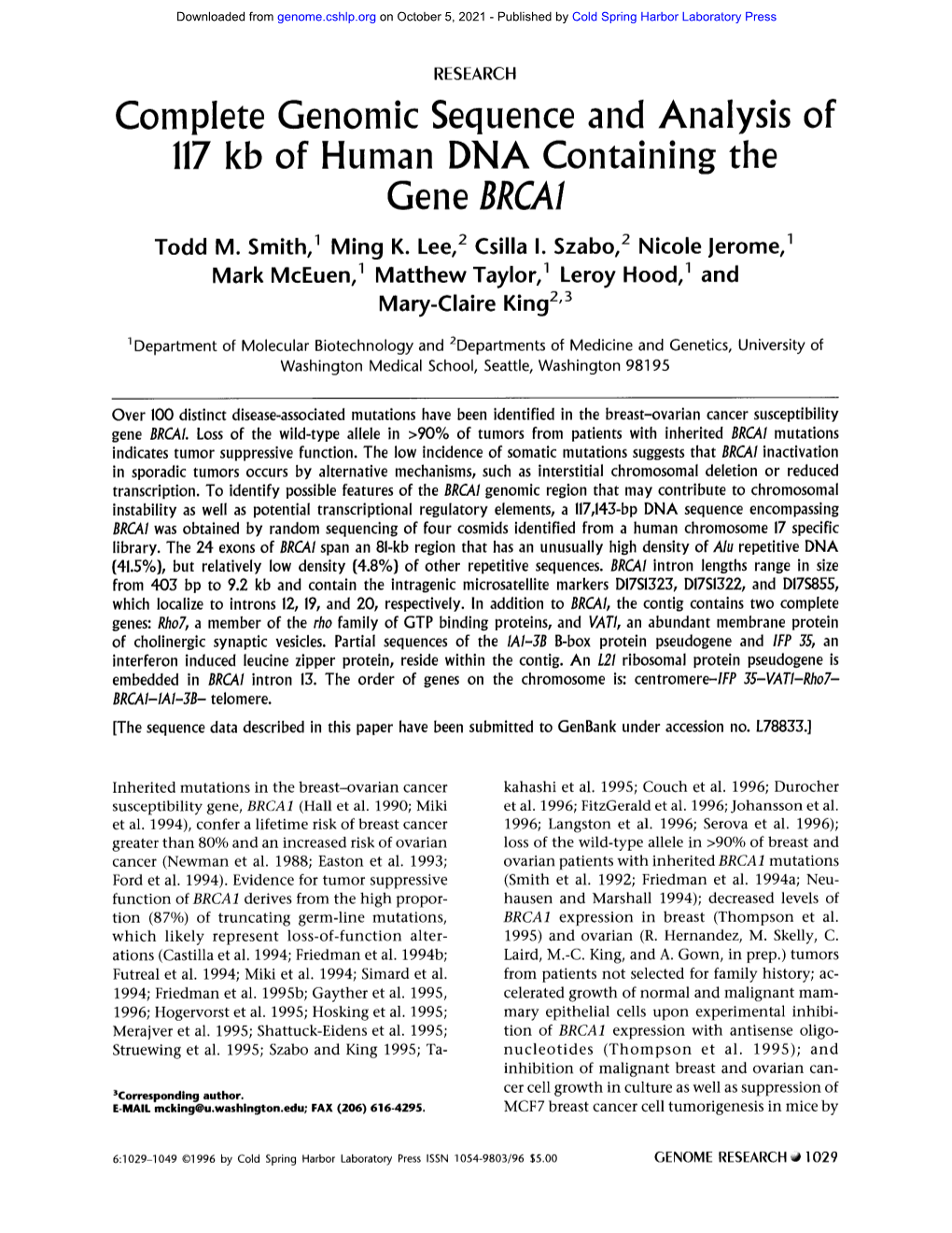 Complete Genomic Sequence and Analysis of 117 Kb of Human DNA Containing the Gene BRCAI Todd M
