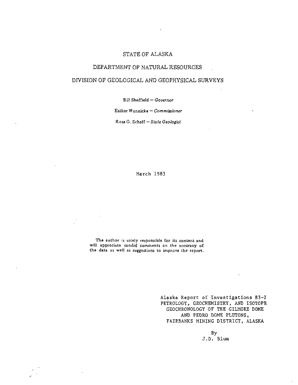 STATE of ALASKA Department of Natural Resources DIVISION of GEOLOGICAL & GEOPHYSICAL SURVEY