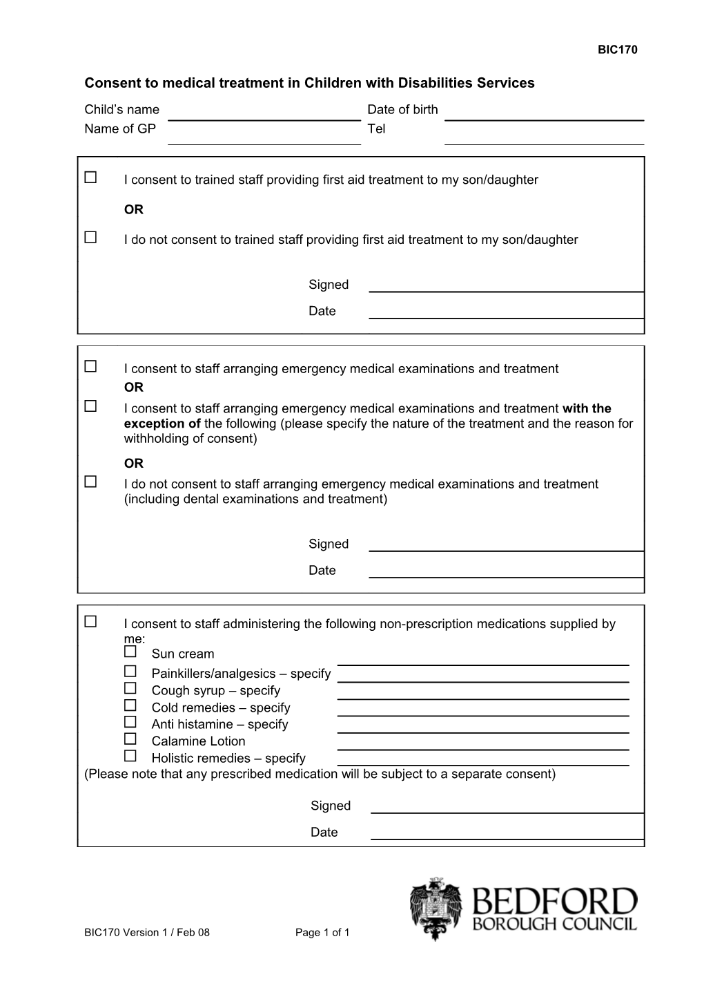 Consent to Medical Treatment for Home Support Services