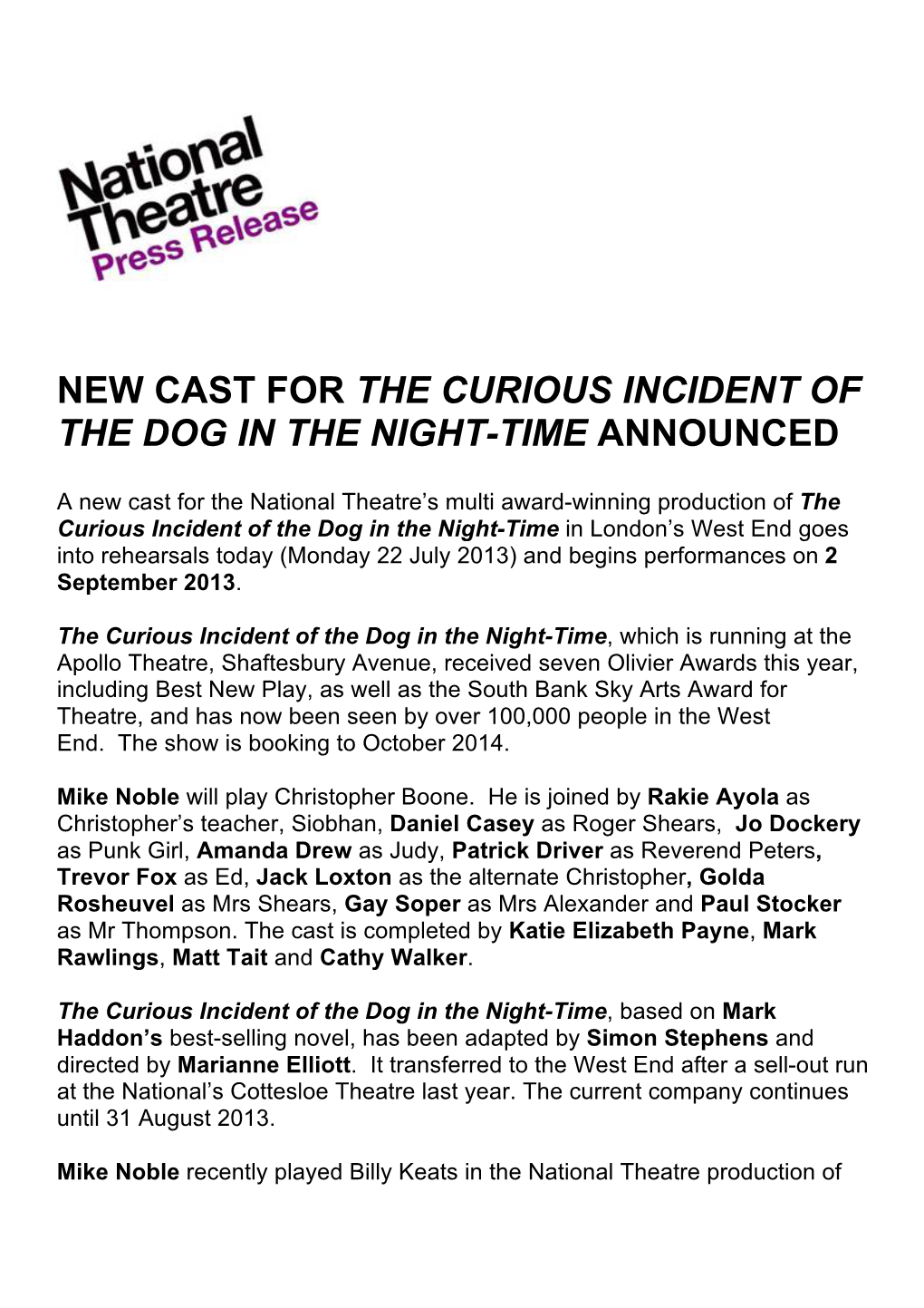 New Cast for the Curious Incident of the Dog in the Night-Time Announced