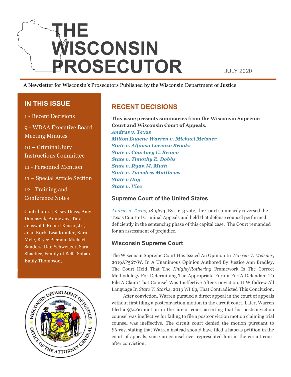 THE WISCONSIN PROSECUTOR JULY 2020 a Newsletter for Wisconsin’S Prosecutors Published by the Wisconsin Department of Justice