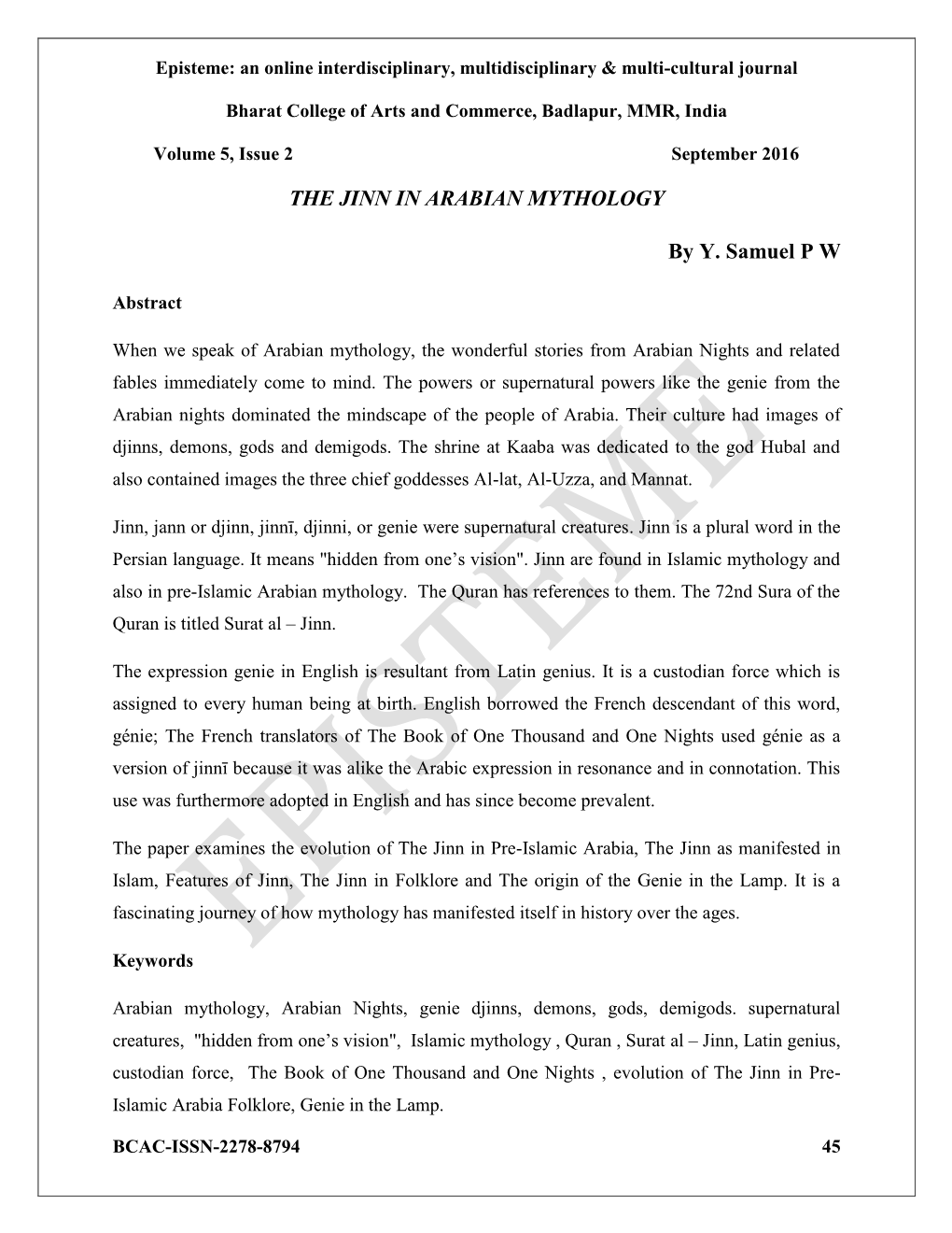 THE JINN in ARABIAN MYTHOLOGY by Y. Samuel