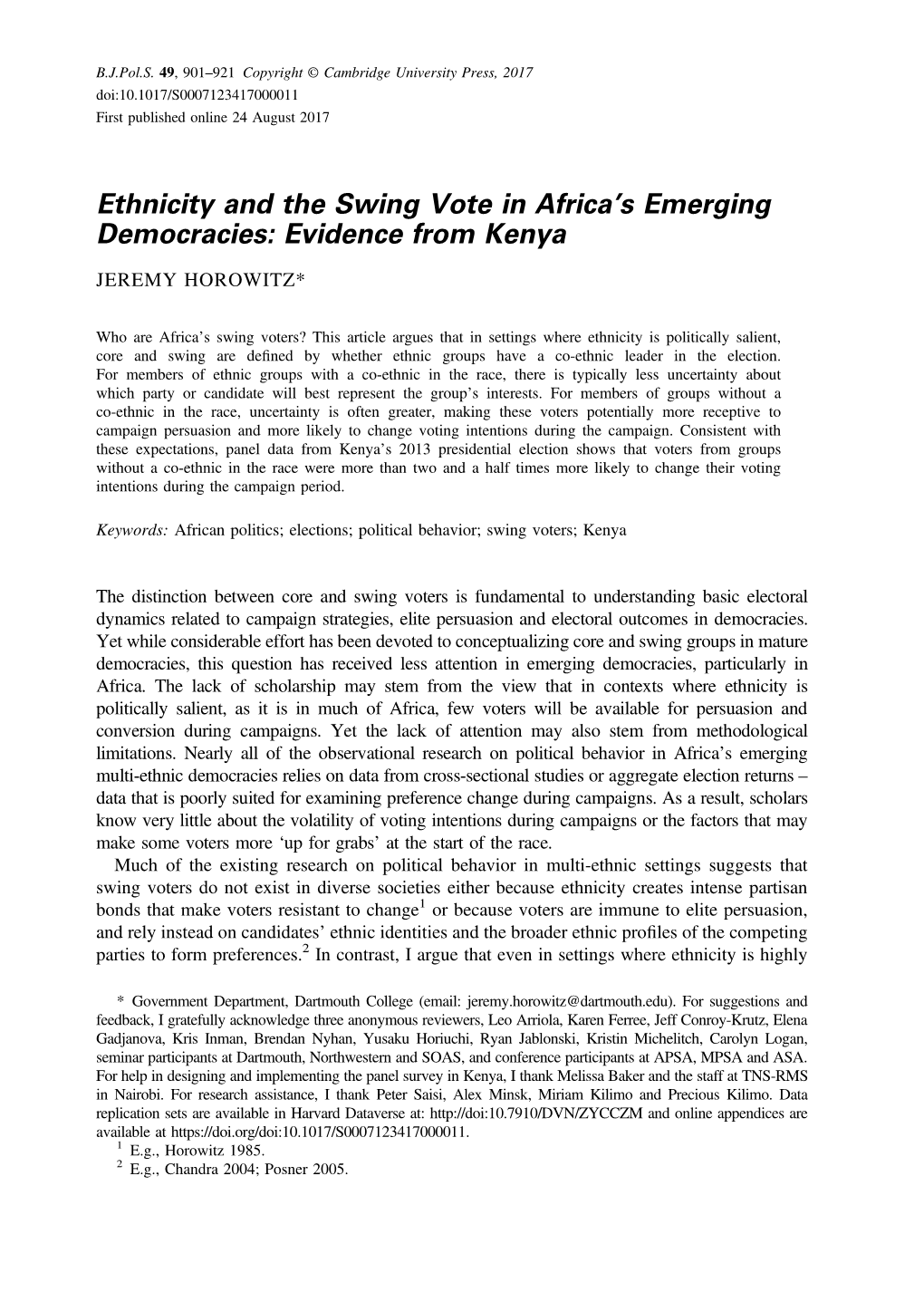 Ethnicity and the Swing Vote in Africads Emerging Democracies