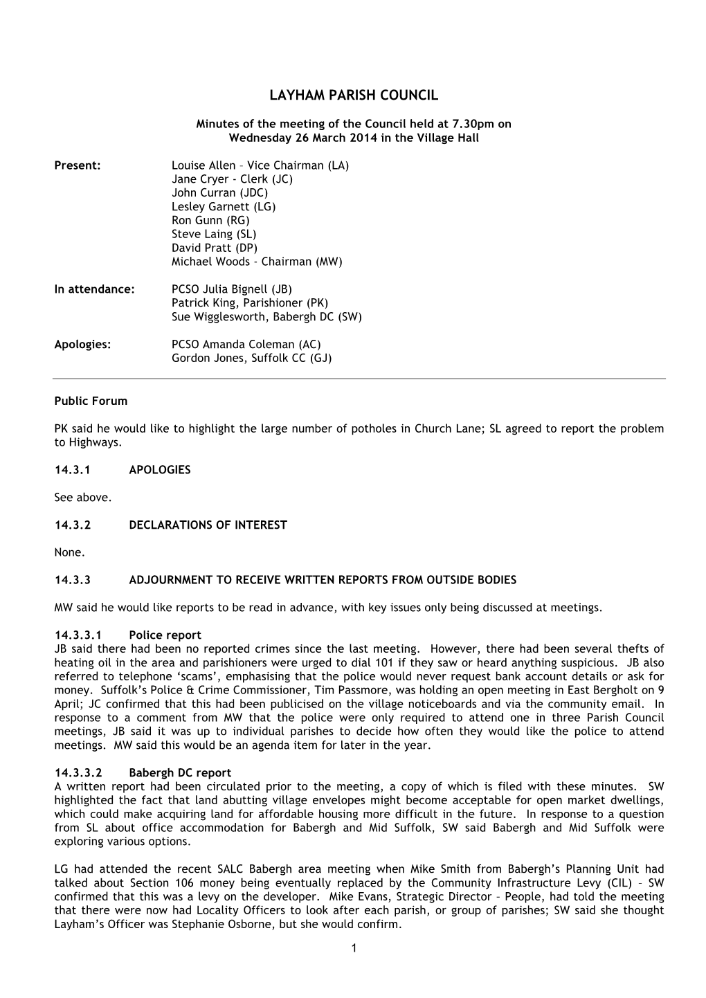 Minutes of Layham Parish Council Meeting on 26 March 2014