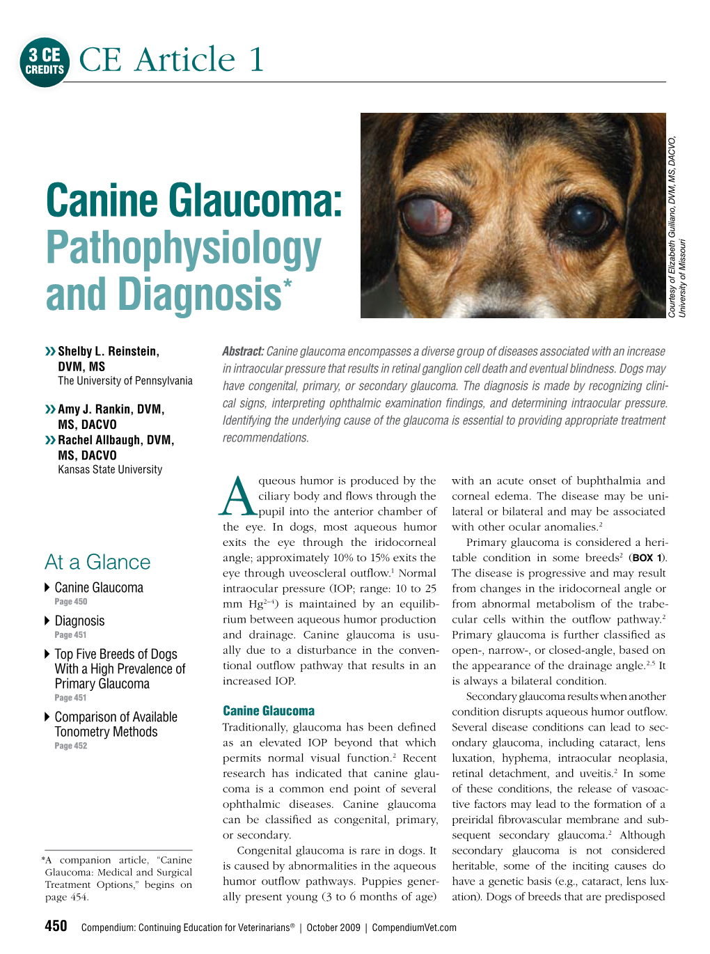 Canine Glaucoma: Pathophysiology * University of Missouri and Diagnosis DACVO, MS, DVM, of Elizabeth Guiliano, Courtesy