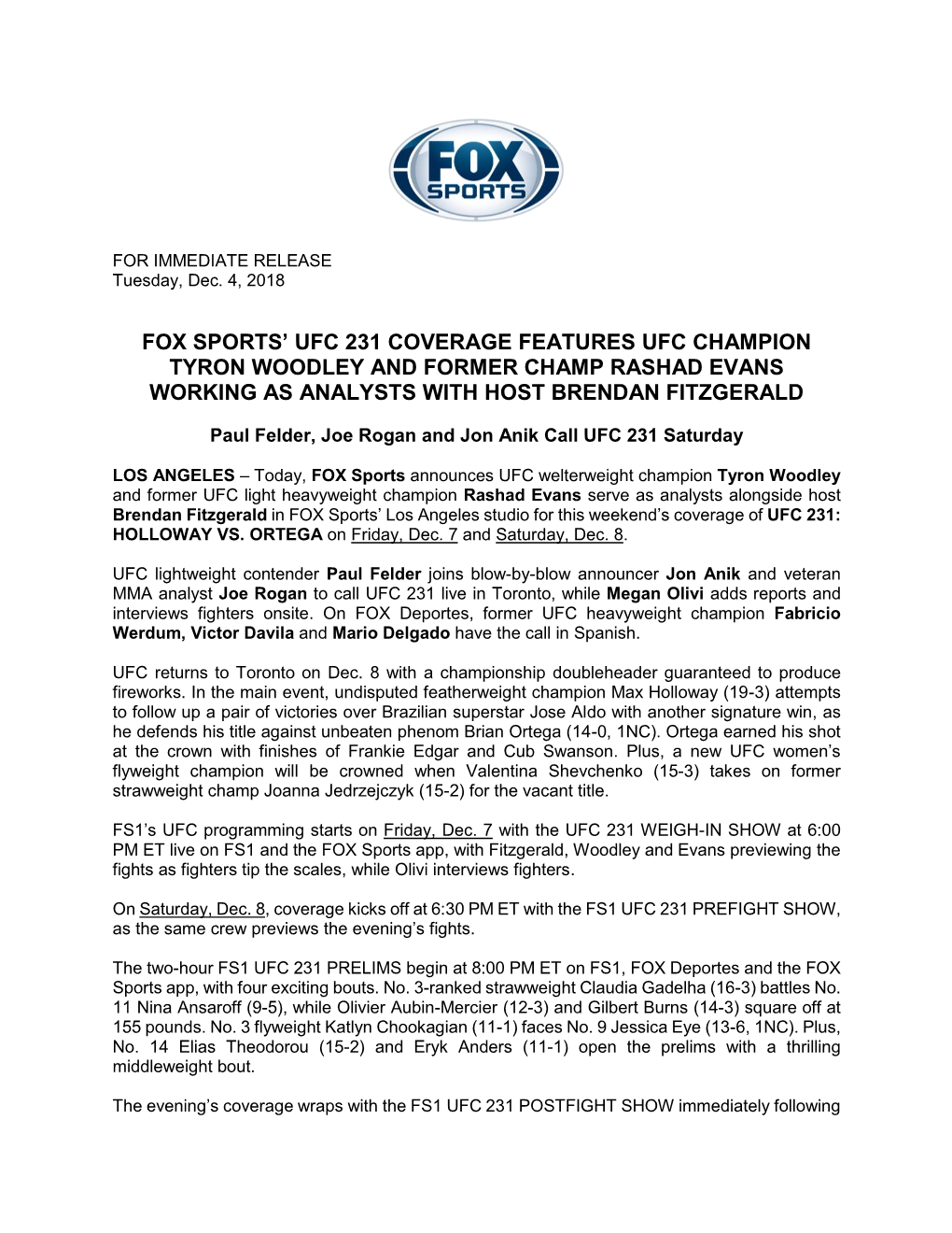 Fox Sports' Ufc 231 Coverage Features Ufc Champion
