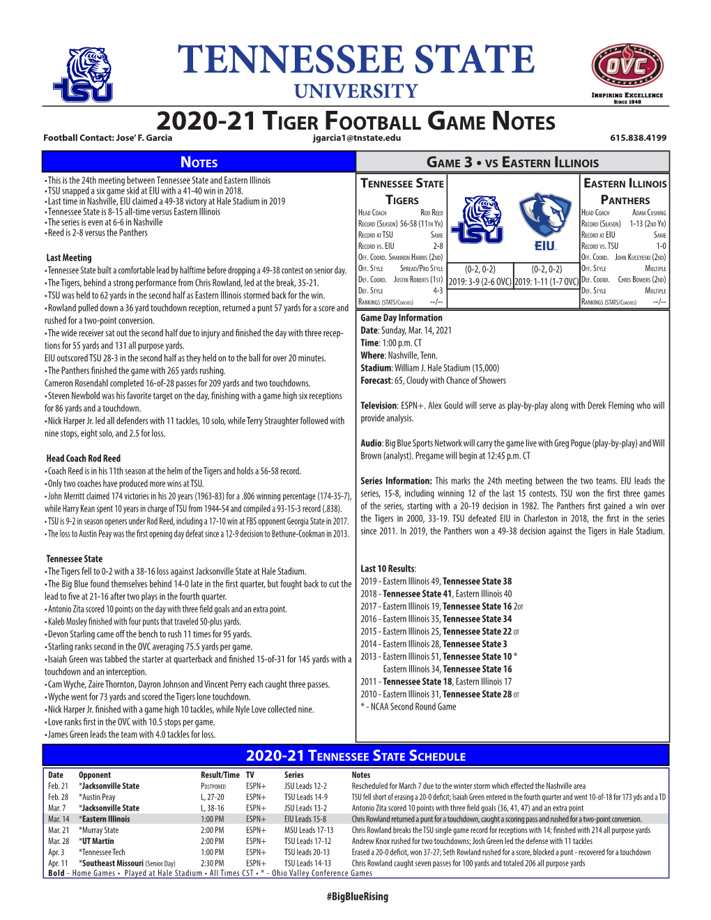 TENNESSEE STATE UNIVERSITY 2020-21 Tiger Football Game Notes Football Contact: Jose’ F